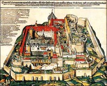 Die Plassenburg von Süden am 18. Juni 1554, kolorierter Holzschnitt, von David de Necker, Nürnberg.